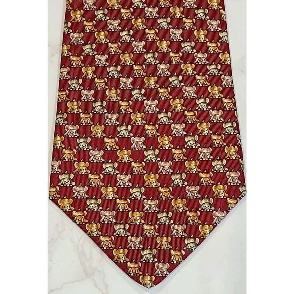 Salvatore Ferragamo Burgundy Silk Tie Pouncing Puppy Dog Whimsical Novelty EUC - Picture 2 of 5